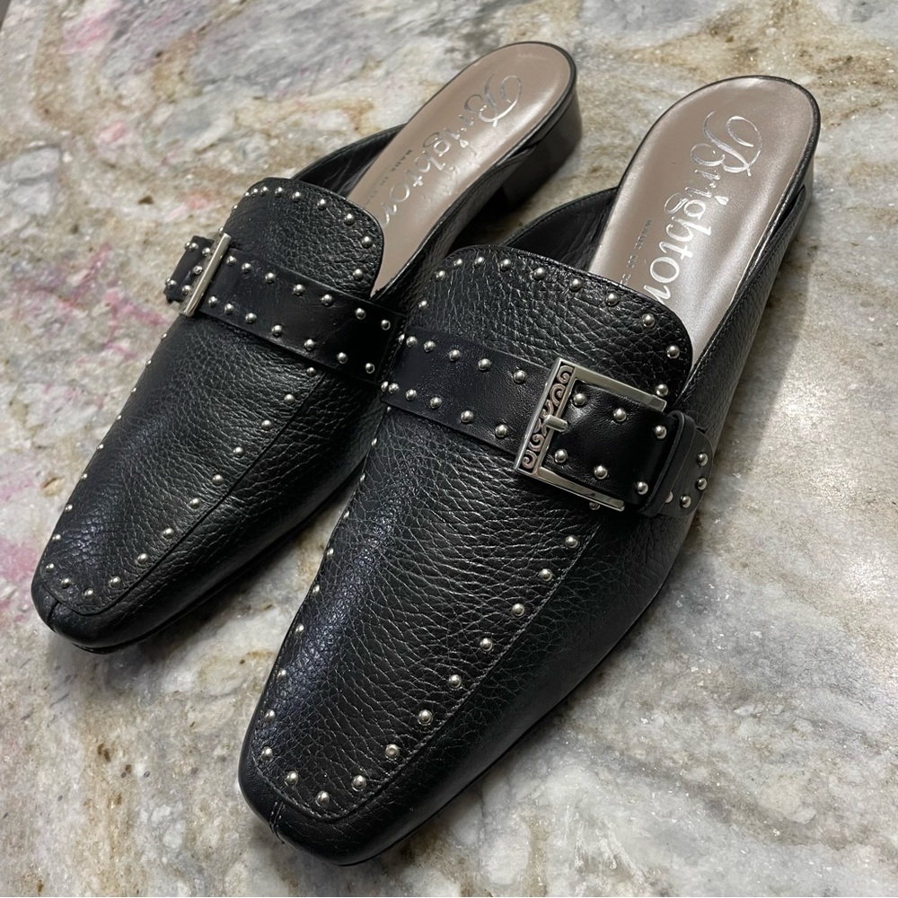 Brighton Hedy Black Pebbled Leather Mule Women 10M Slip On Stud & Buckle 1" Heel